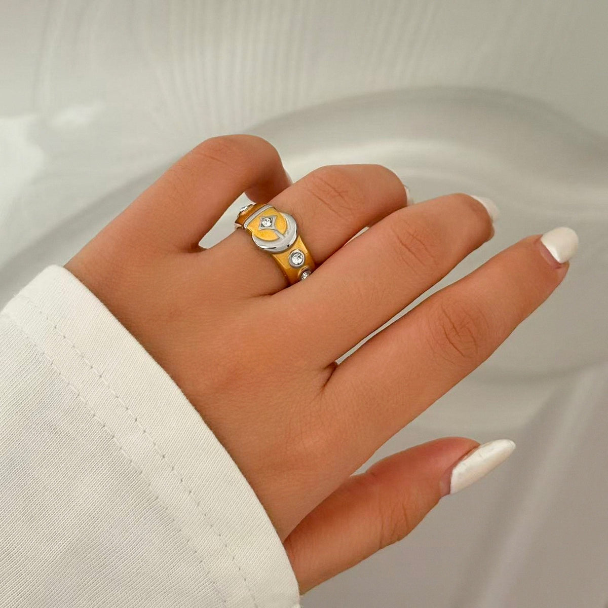 Classy Two Tone Crescent Moon Ring