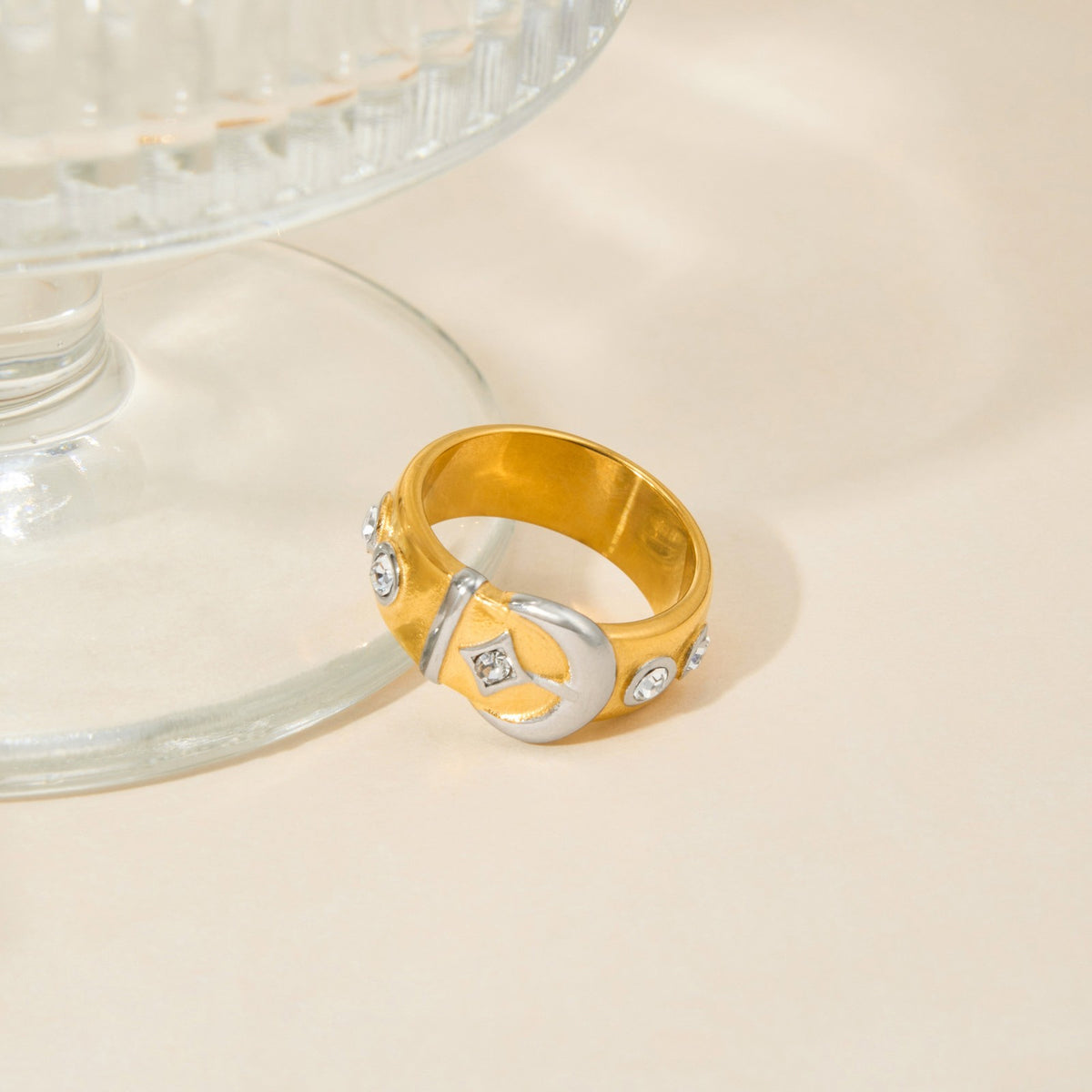 Classy Two Tone Crescent Moon Ring