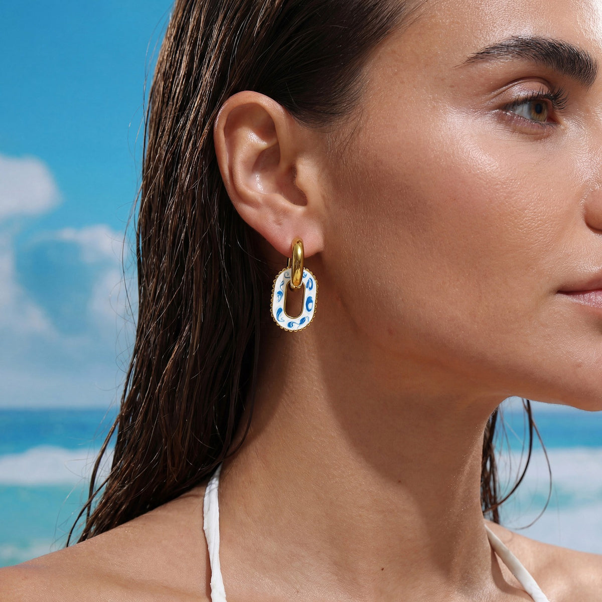 18k Elegant Blue Porcelain Oval Earrings