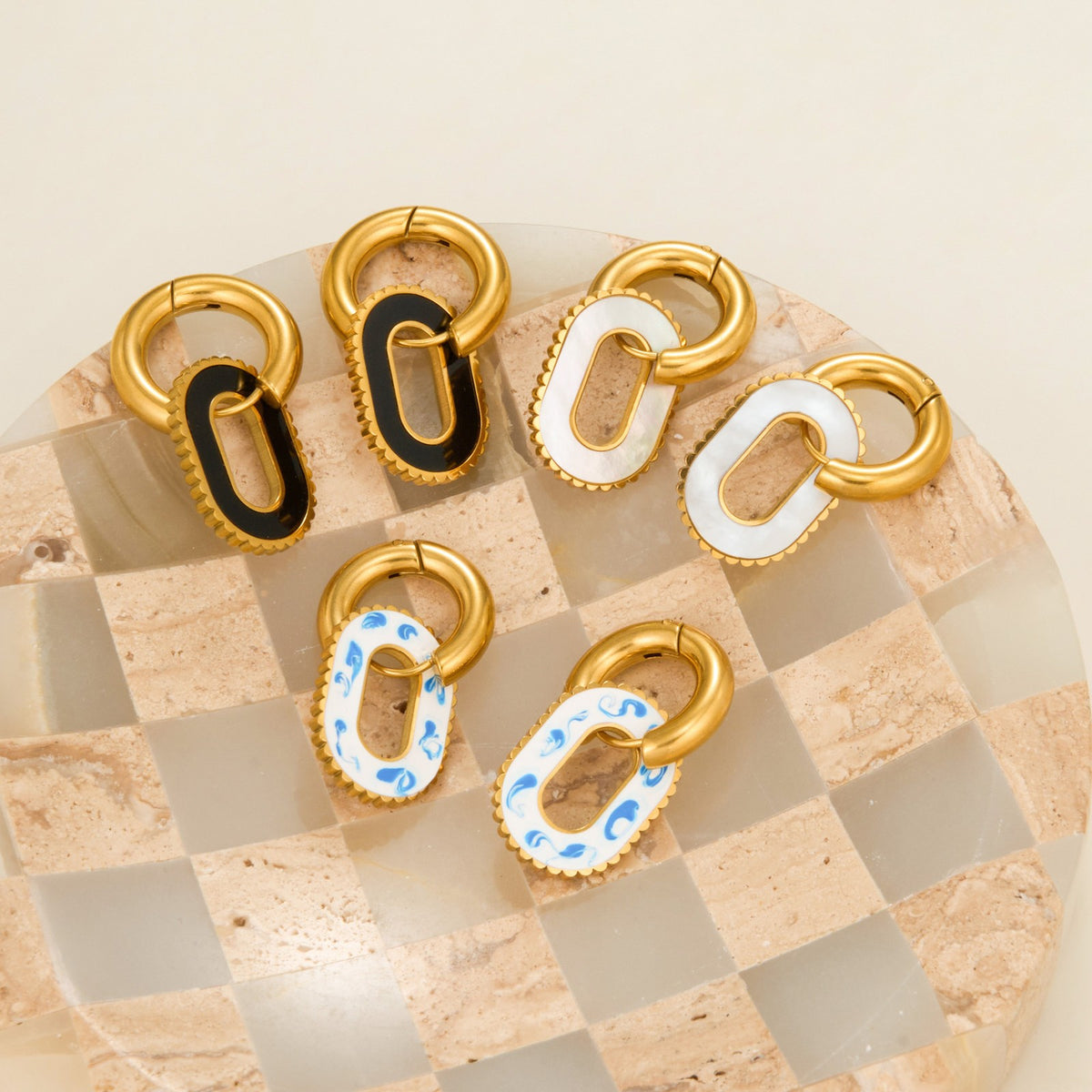 18k Elegant Blue Porcelain Oval Earrings