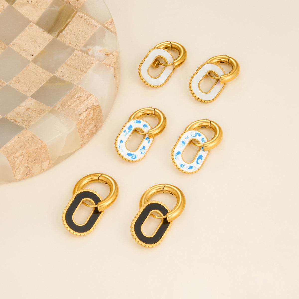 18k Elegant Blue Porcelain Oval Earrings