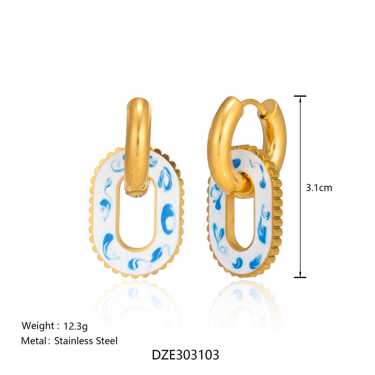 18k Elegant Blue Porcelain Oval Earrings