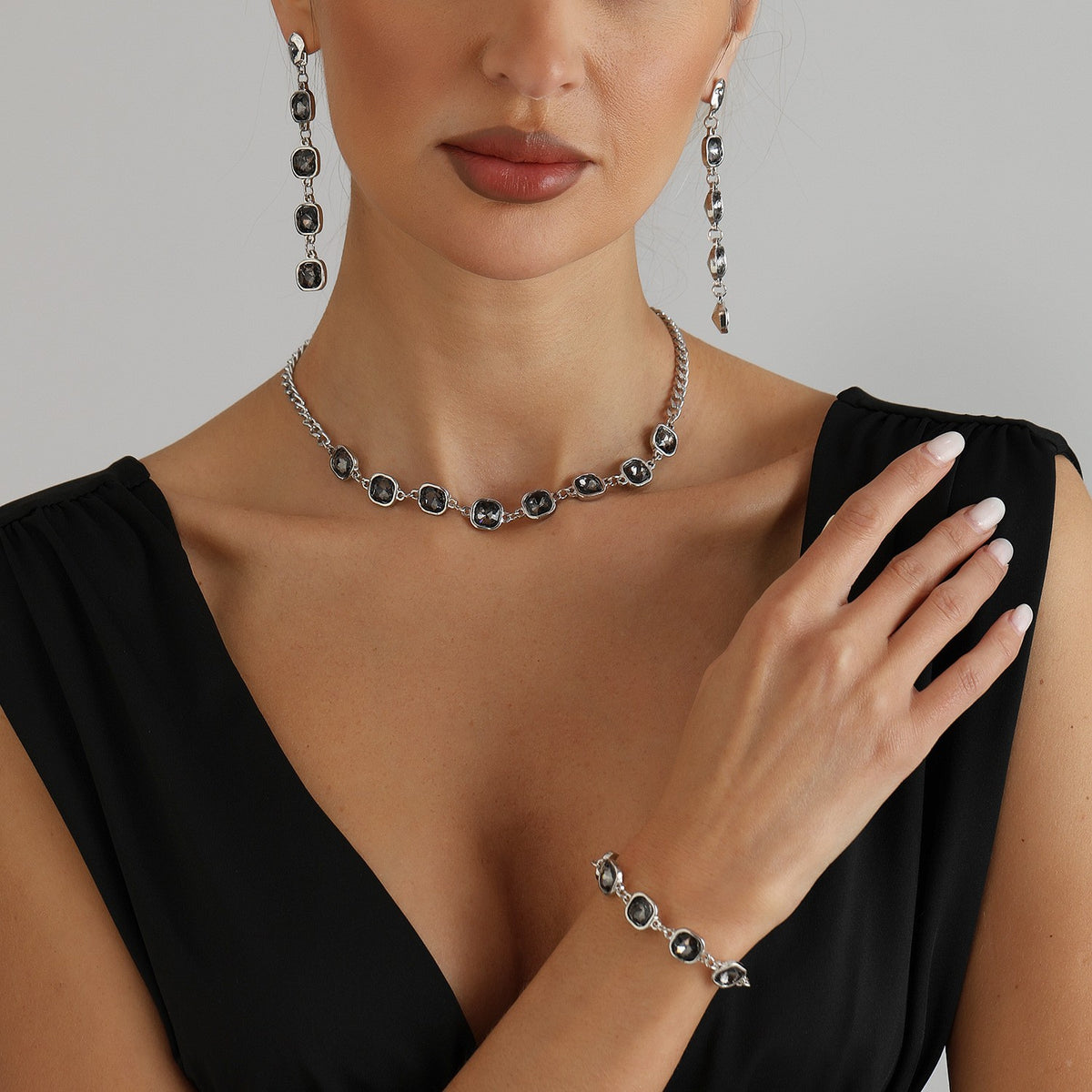Classy Black Square Gem Necklace, Bracelet & Earring Set