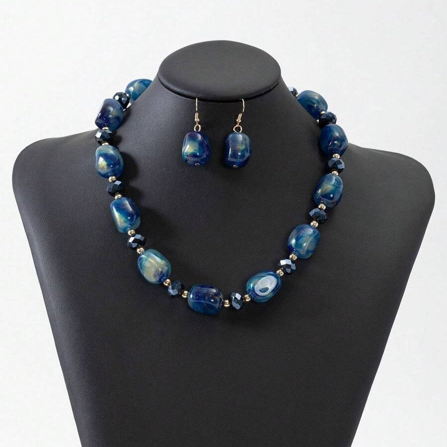 Vintage Blue Marble Acrylic Necklace & Earring Set