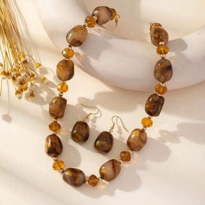 Vintage Blue Marble Acrylic Necklace & Earring Set