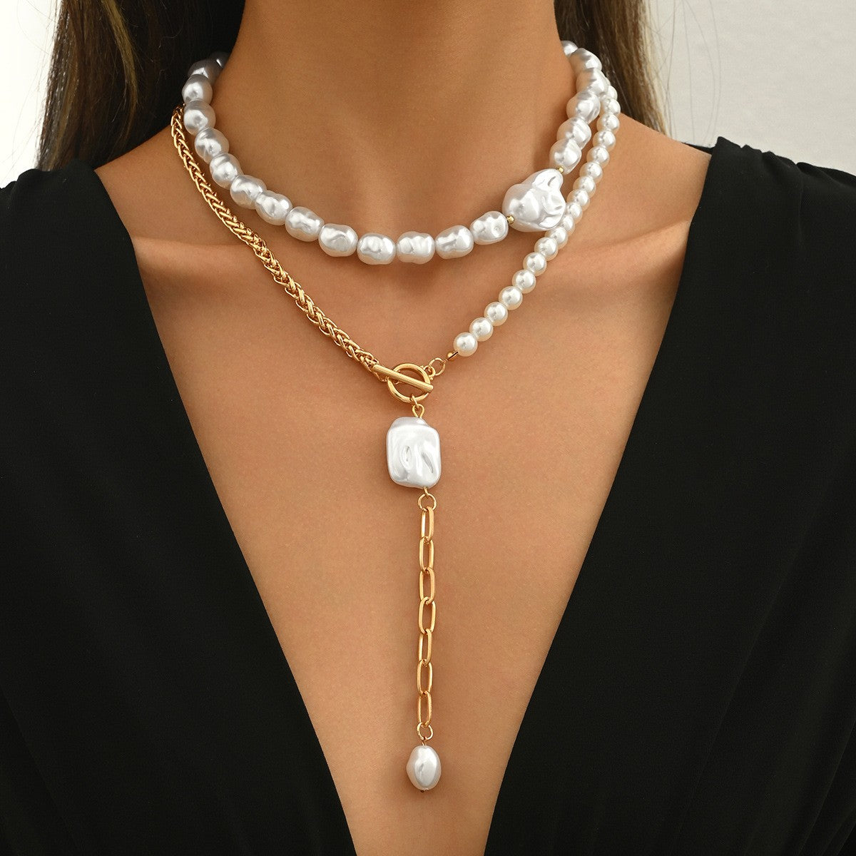 Classy Layered Faux Pearl OT Toggle Necklace