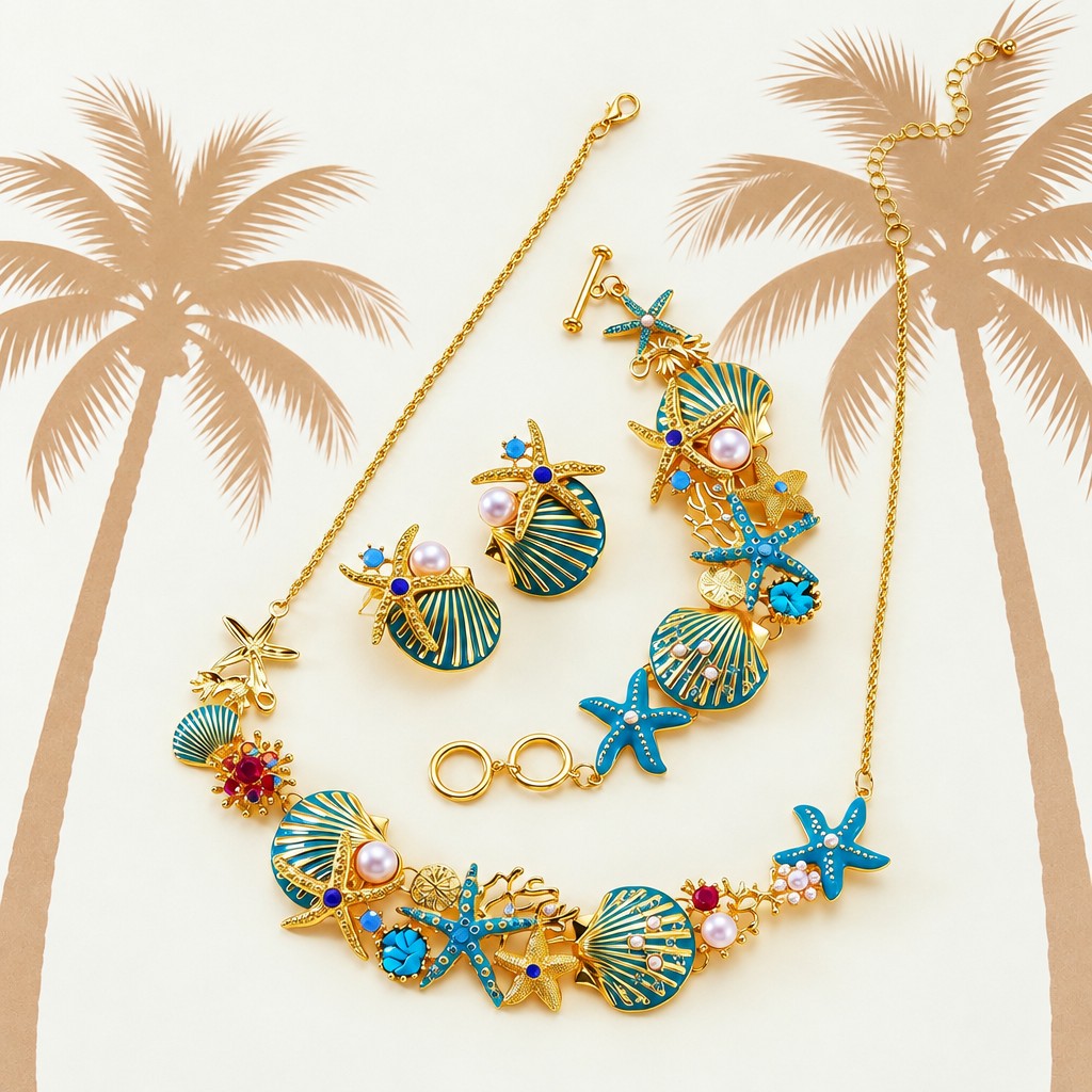 Boho Enamel Starfish & Shell Necklace, Bracelet & Earring Set