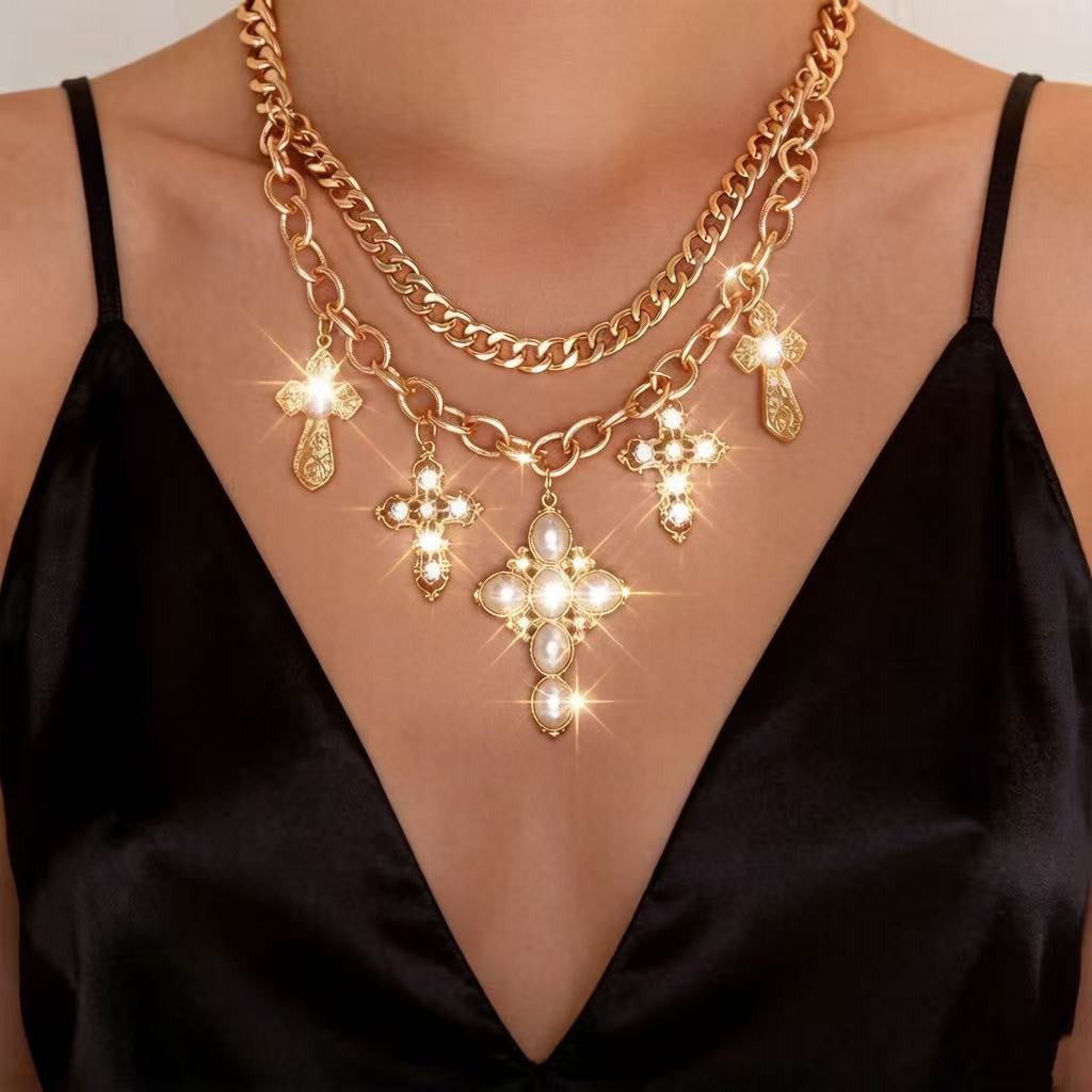 Classy Layered Faux Pearl Cross Necklace