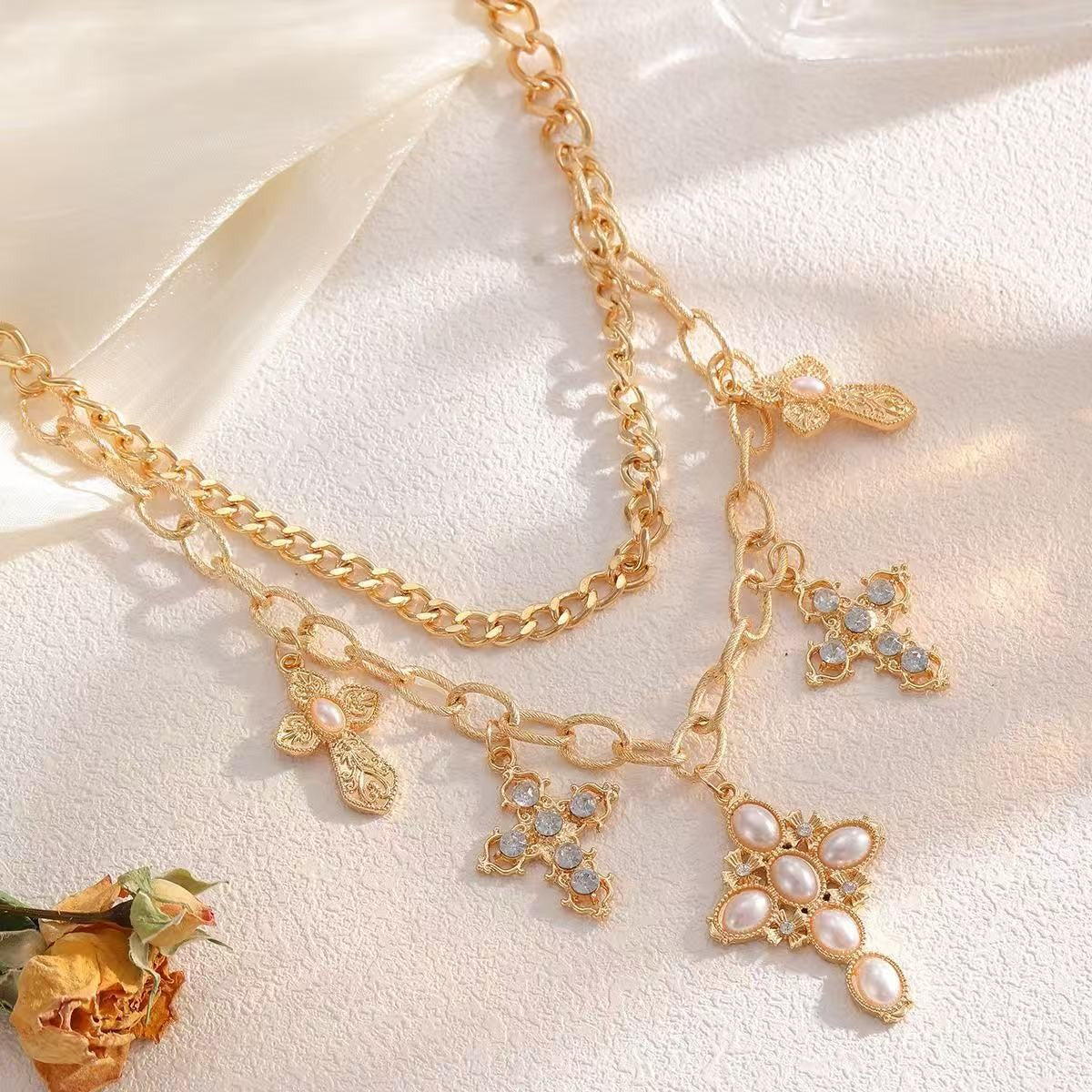 Classy Layered Faux Pearl Cross Necklace