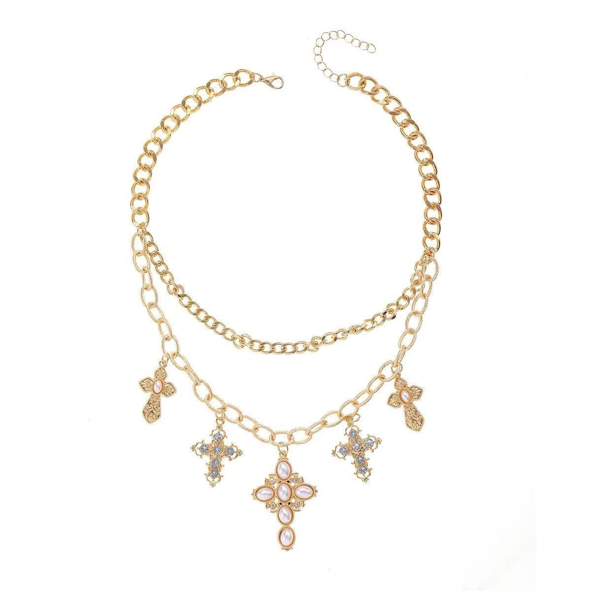 Classy Layered Faux Pearl Cross Necklace