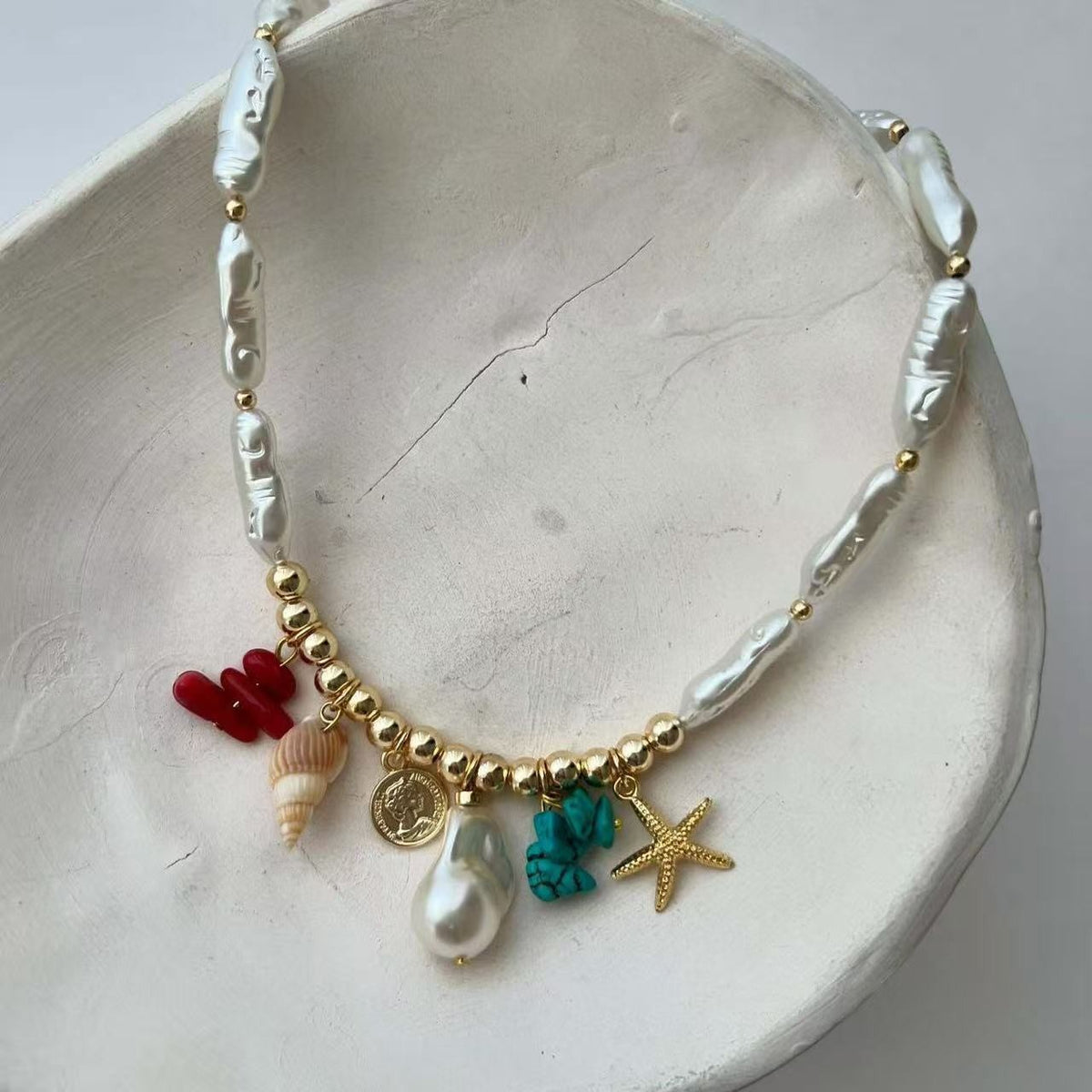Boho Starfish & Shell Charm Necklace