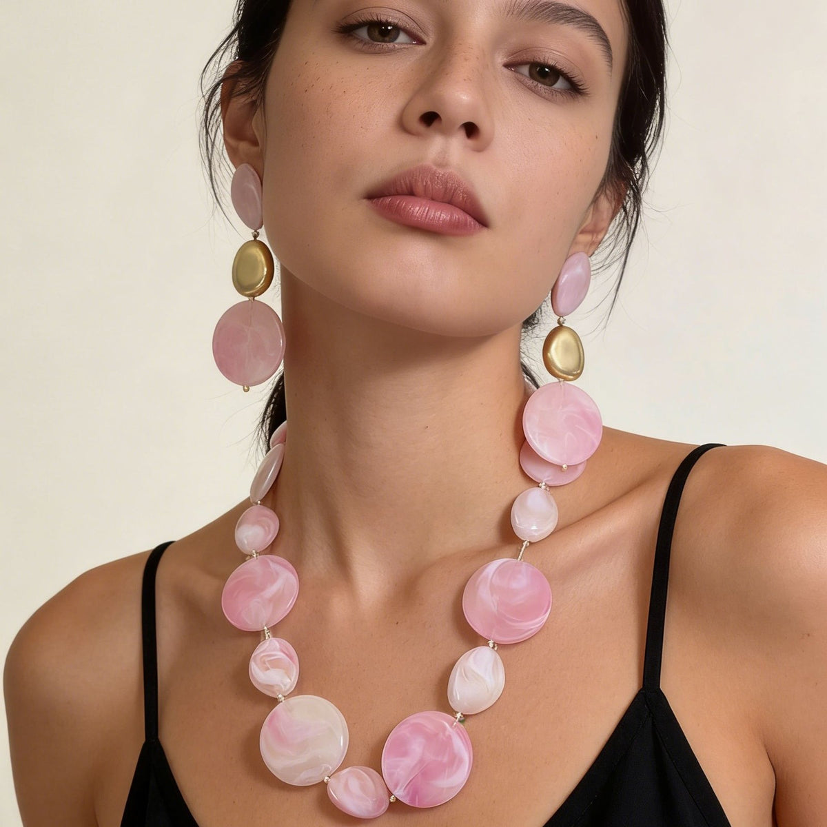 Romantic Pink Marble Disc Necklace & Earring Set