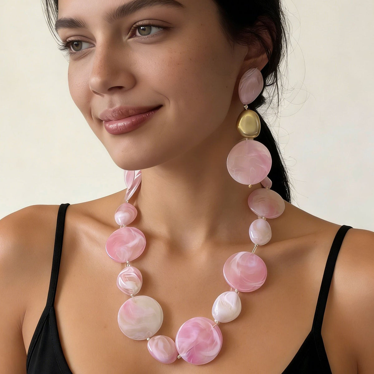 Romantic Pink Marble Disc Necklace & Earring Set