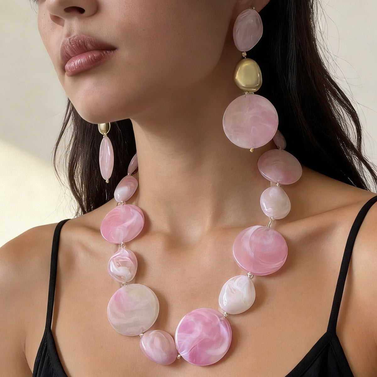 Romantic Pink Marble Disc Necklace & Earring Set