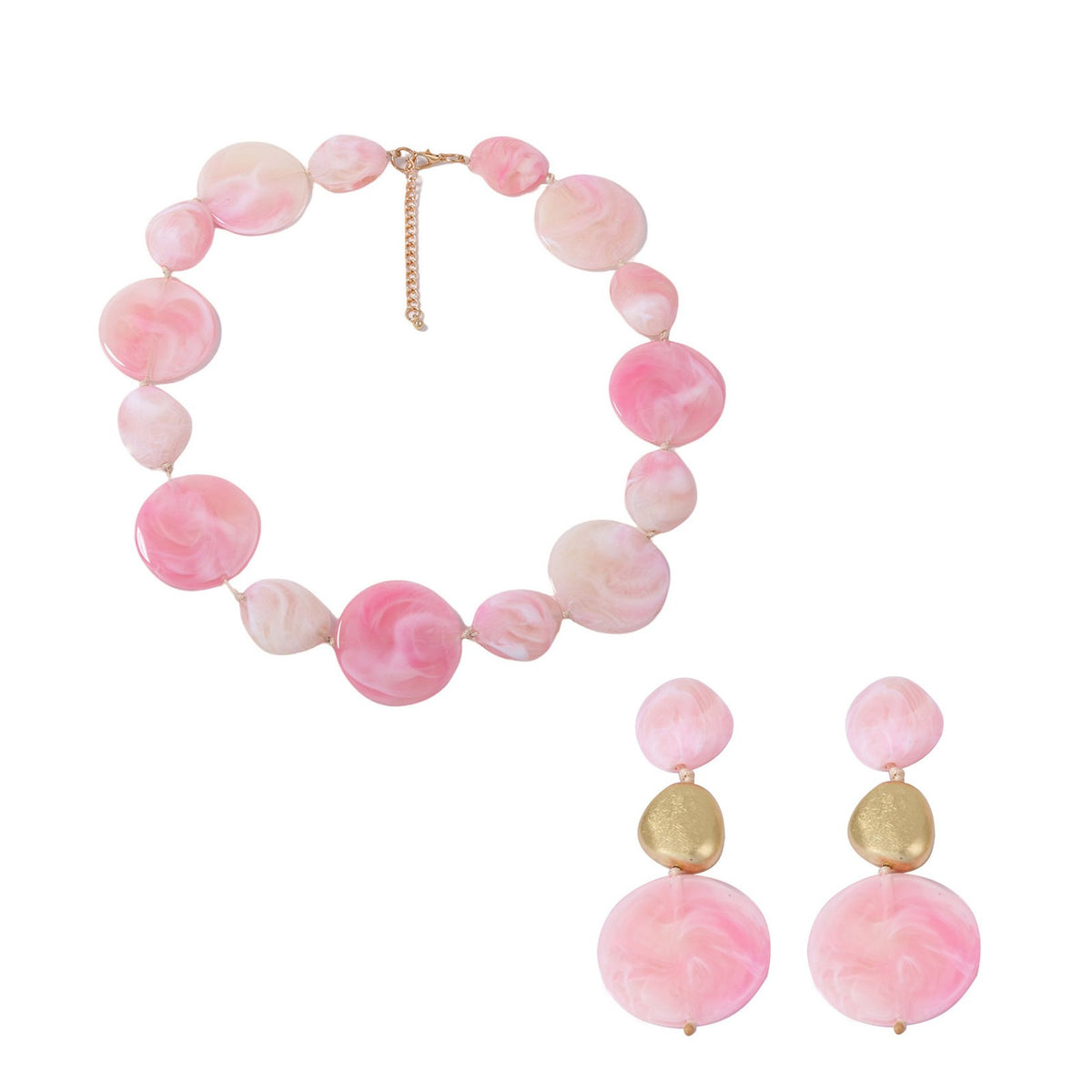 Romantic Pink Marble Disc Necklace & Earring Set