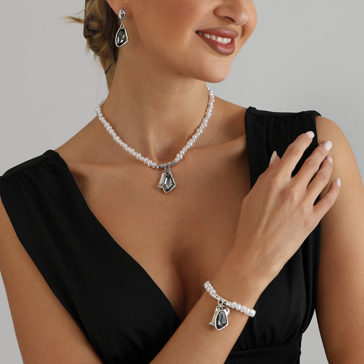 Elegant Faux Pearl & Smoky Crystal Necklace, Bracelet & Earring Set