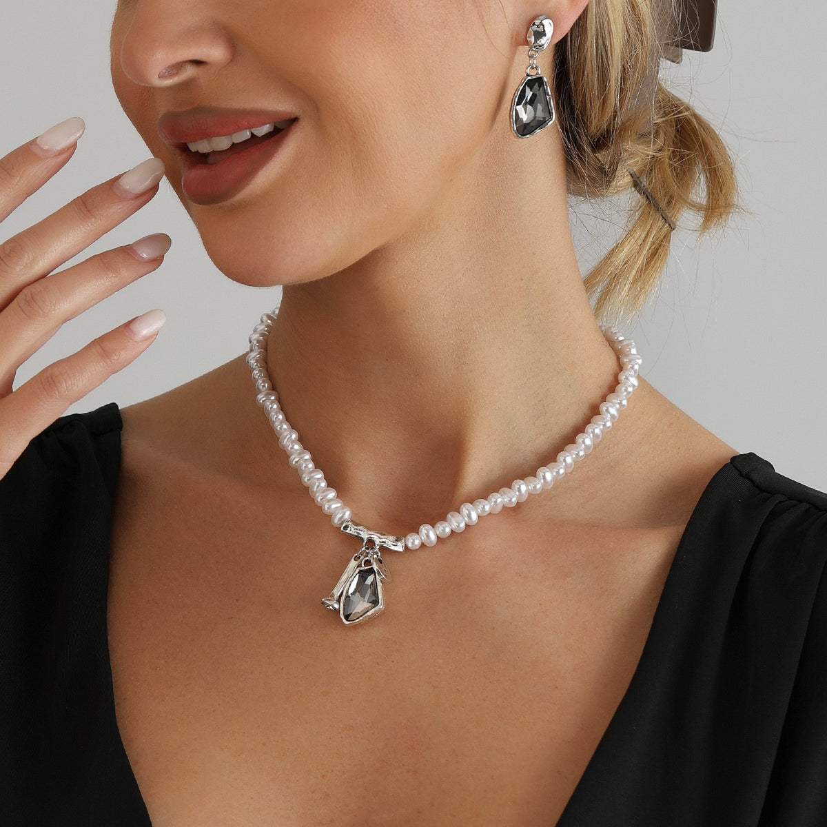 Elegant Faux Pearl & Smoky Crystal Necklace, Bracelet & Earring Set