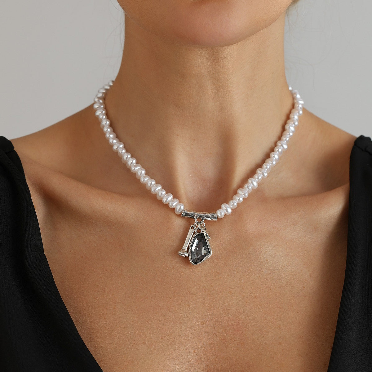 Elegant Faux Pearl & Smoky Crystal Necklace, Bracelet & Earring Set