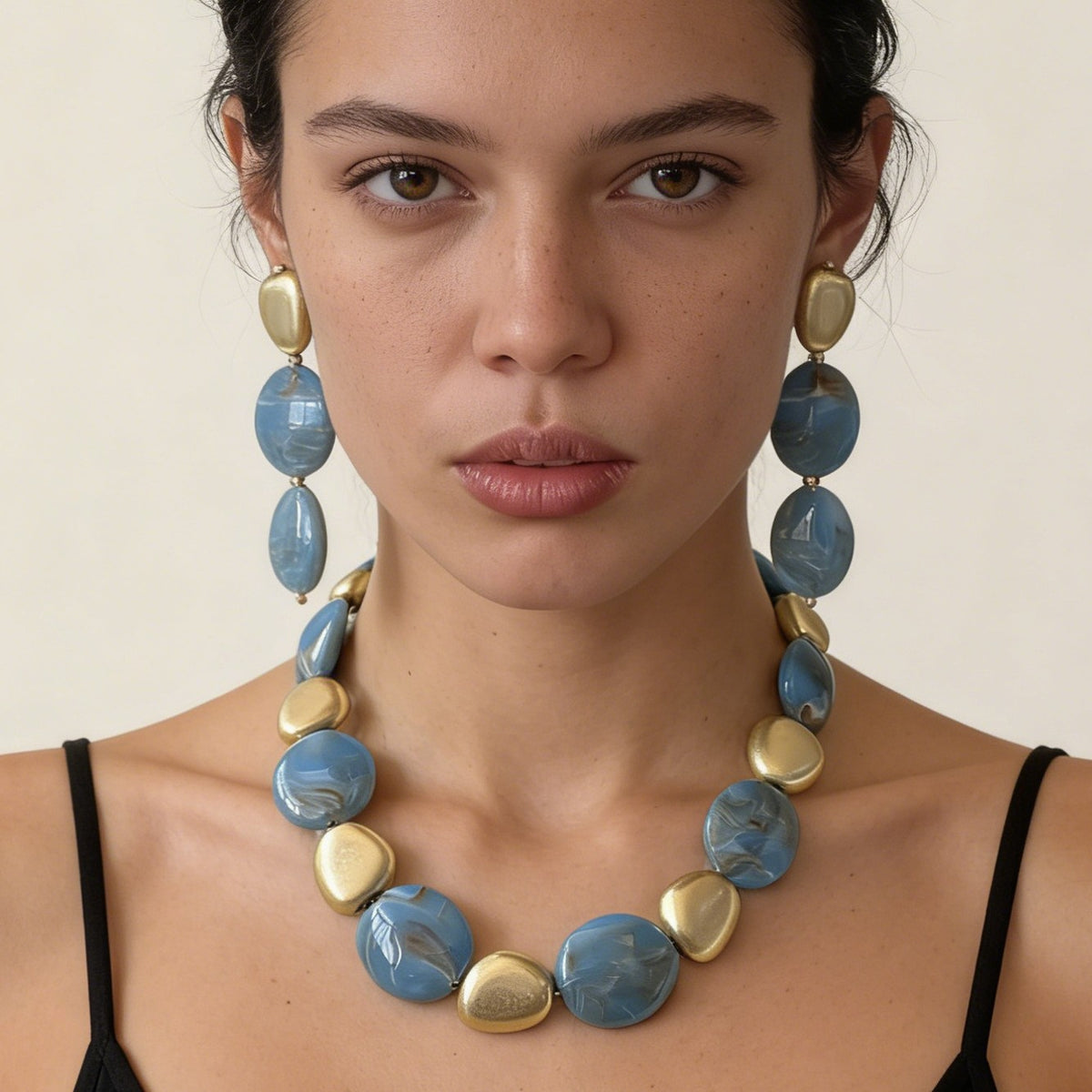 Boho Blue Geometric Resin Necklace & Earring Set