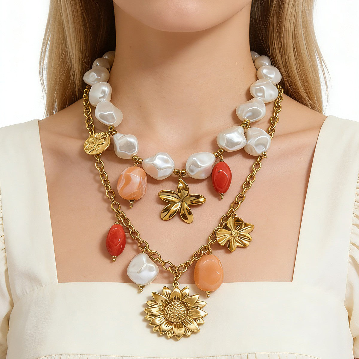 18k Boho Layered Pearl Sunflower Necklace