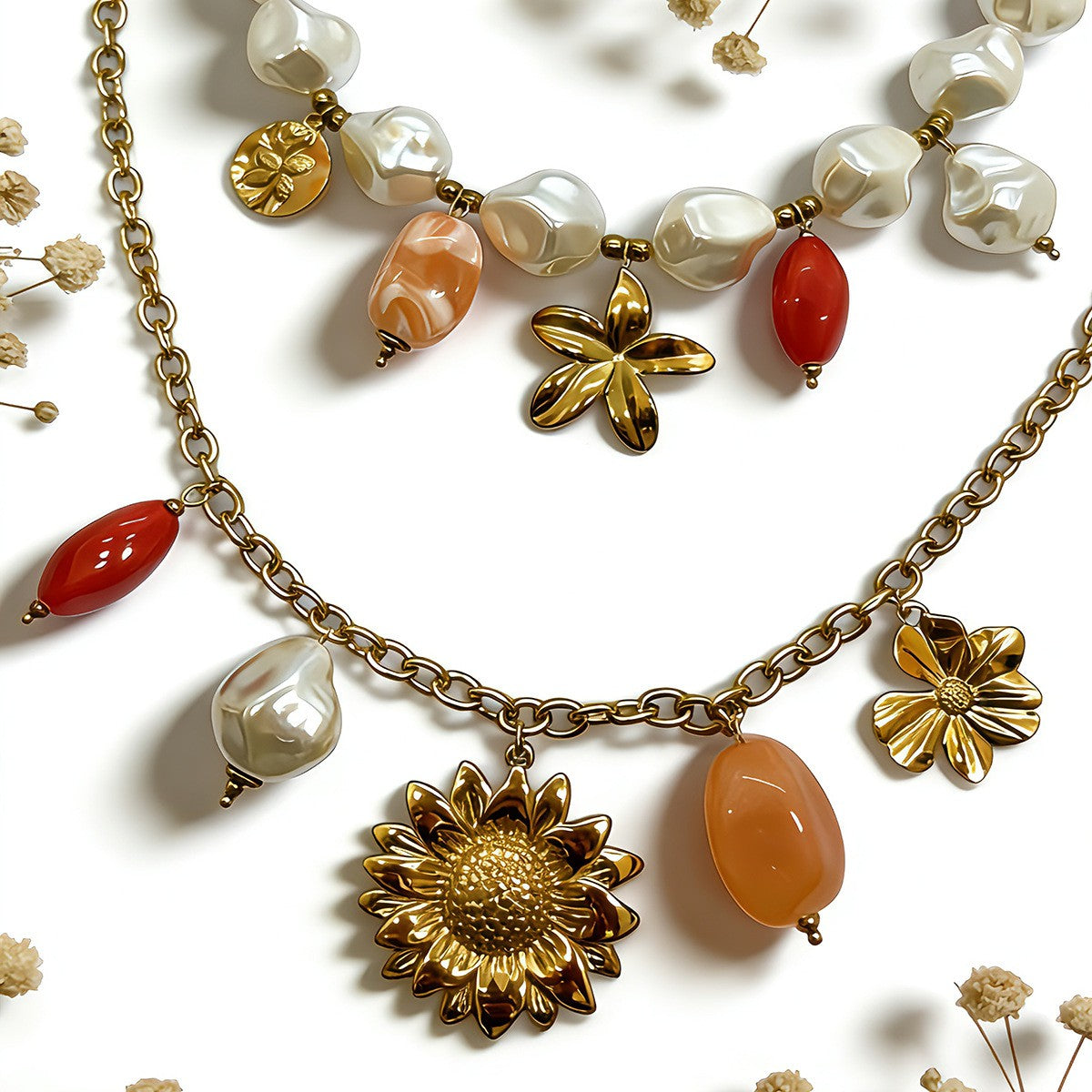18k Boho Layered Pearl Sunflower Necklace