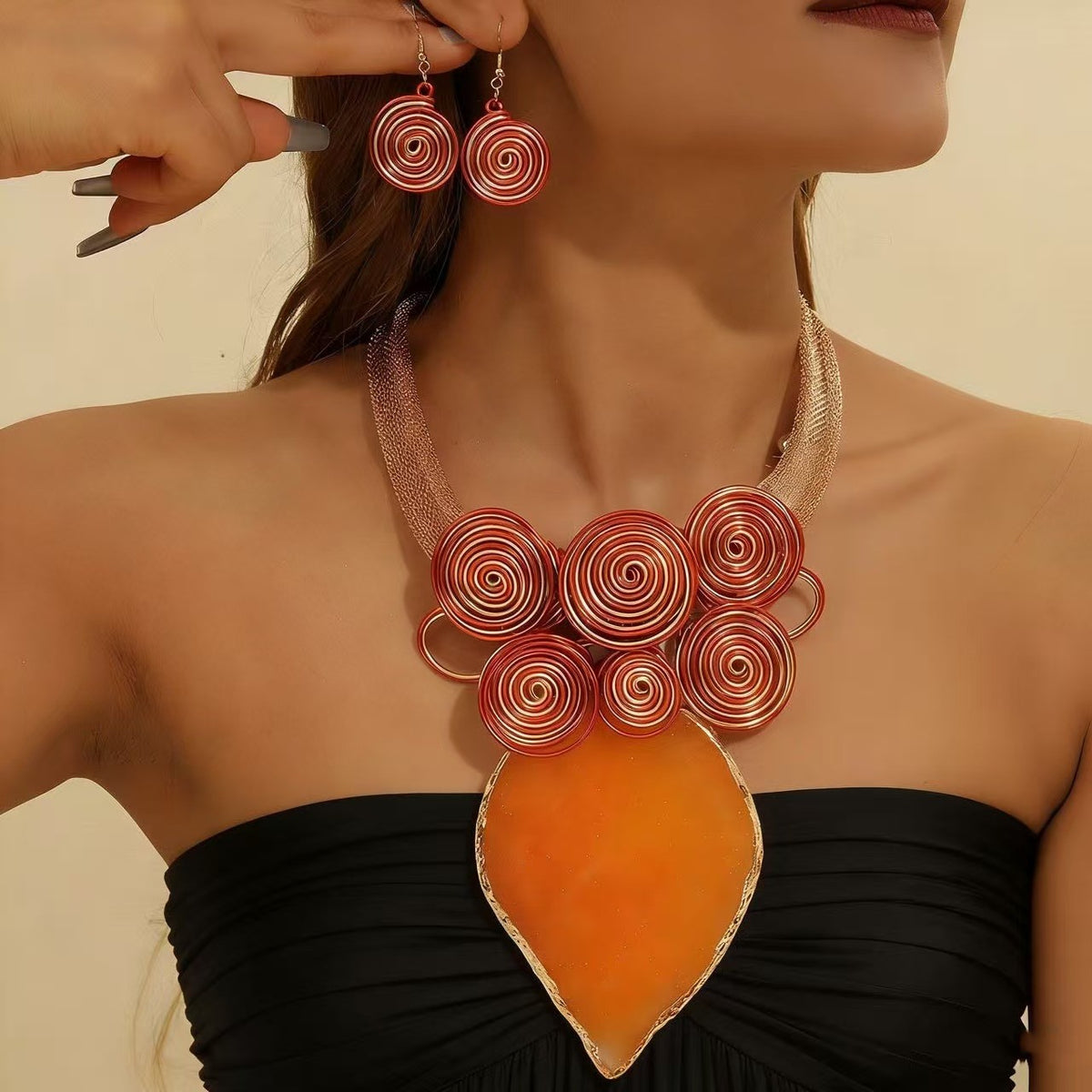 Boho Red Spiral Collar Necklace & Earring Set