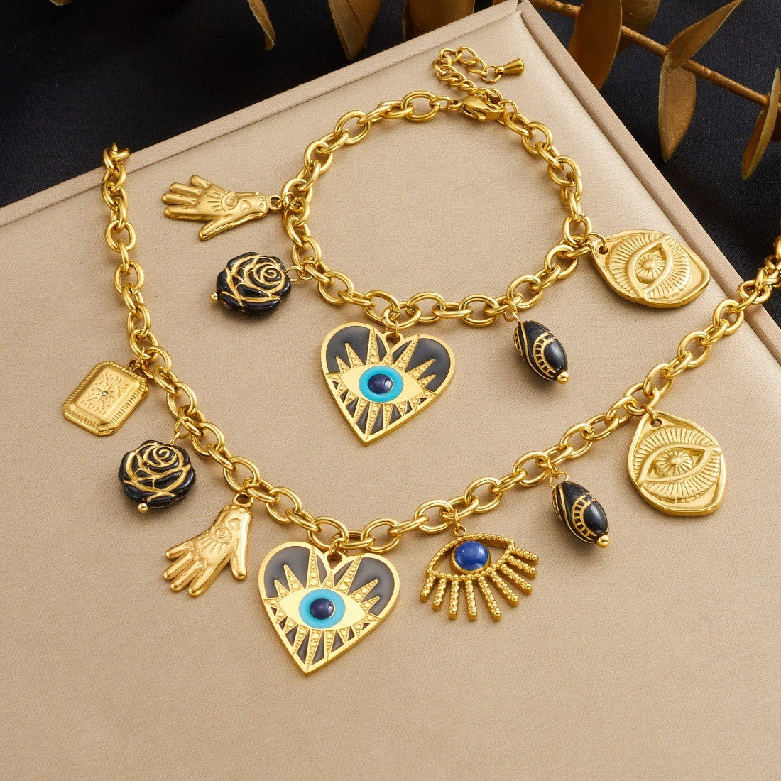 Vintage Enamel Evil Eye Heart Necklace & Bracelet Set