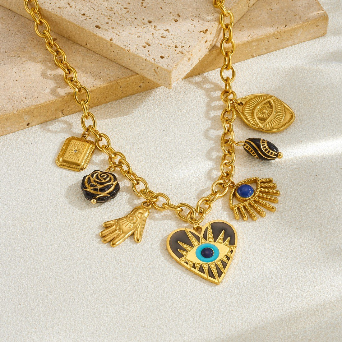 Vintage Enamel Evil Eye Heart Necklace & Bracelet Set