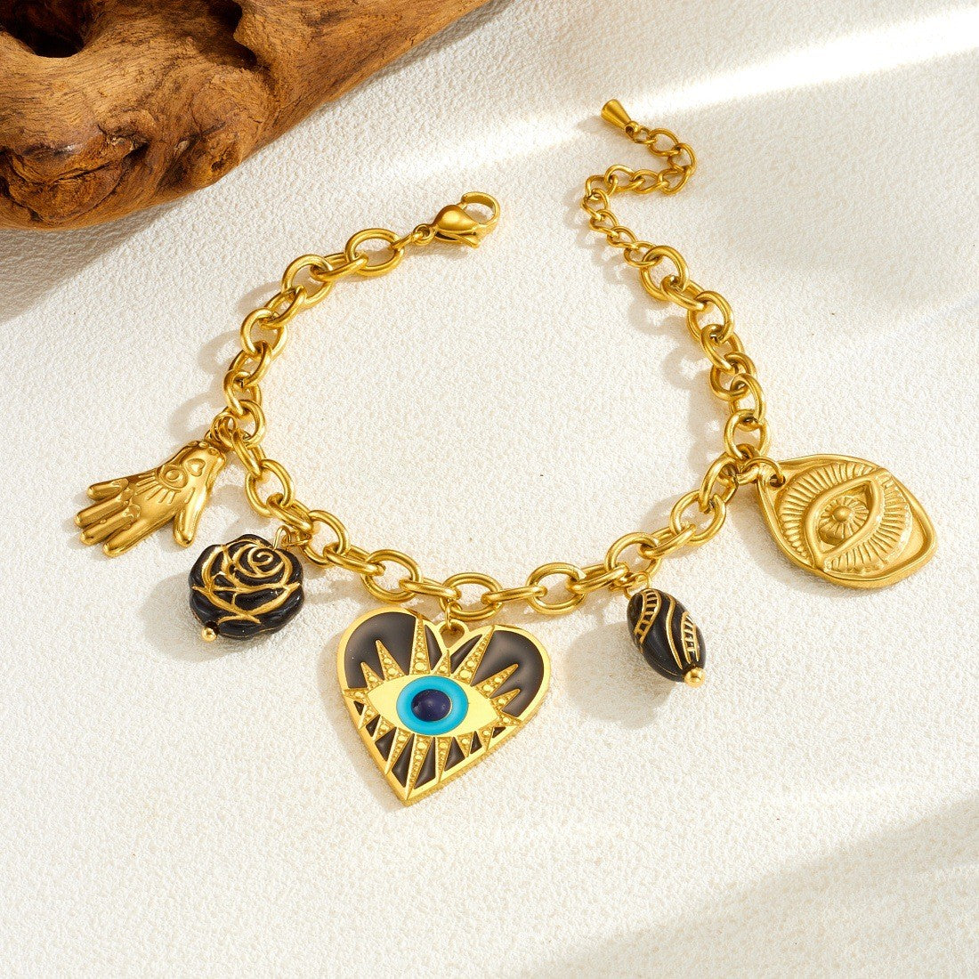 Vintage Enamel Evil Eye Heart Necklace & Bracelet Set