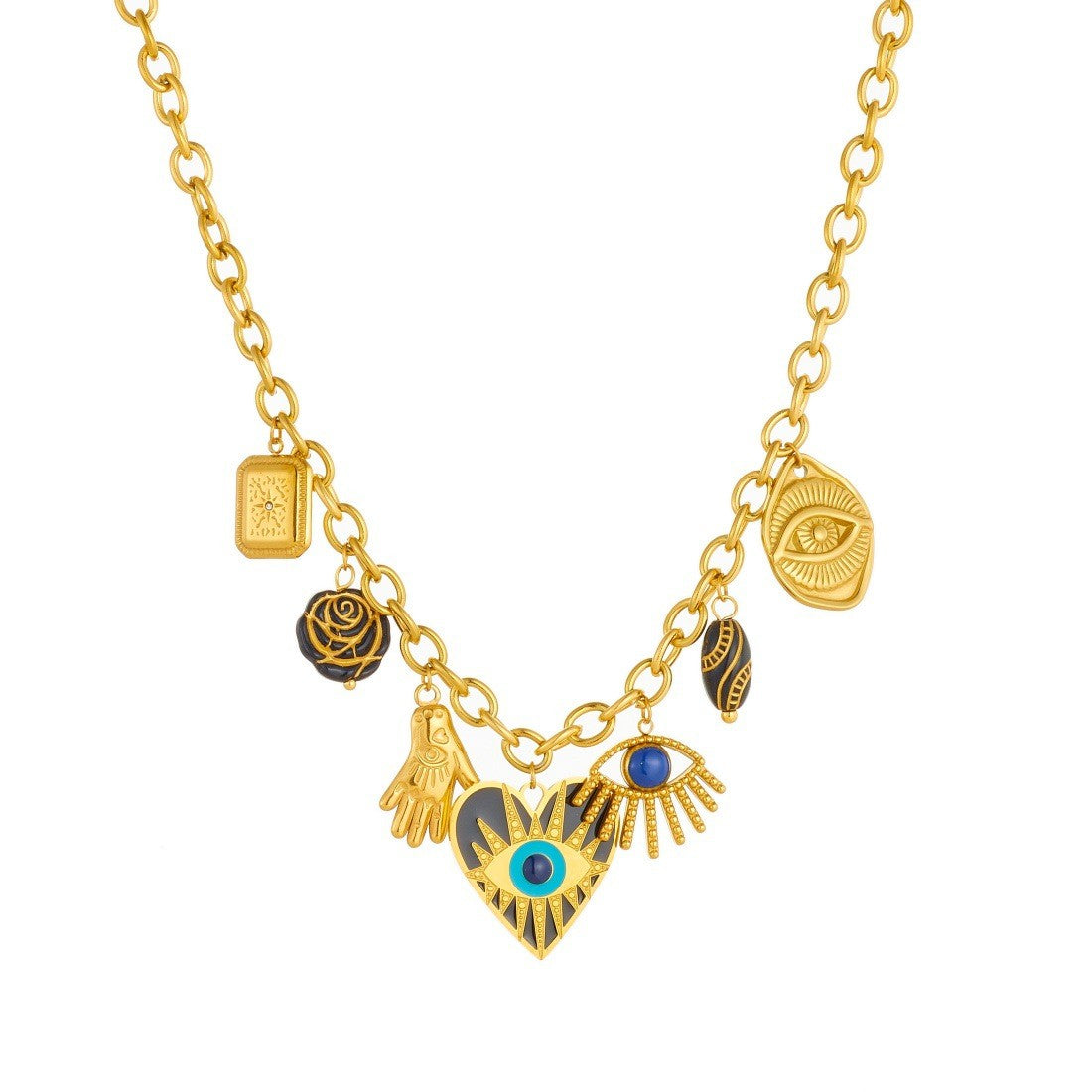 Vintage Enamel Evil Eye Heart Necklace & Bracelet Set