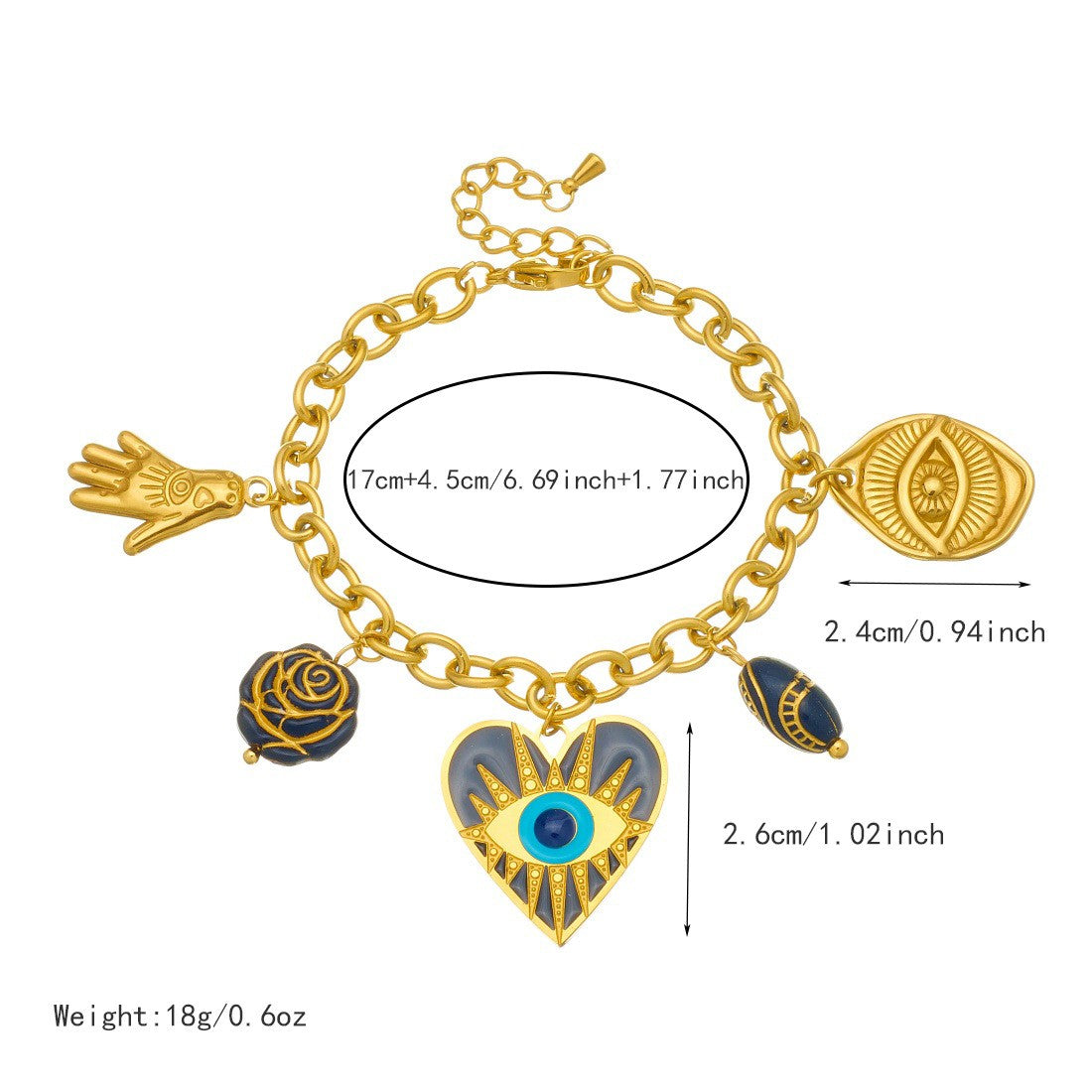 Vintage Enamel Evil Eye Heart Necklace & Bracelet Set