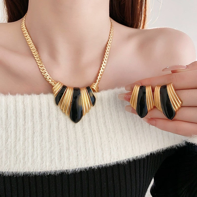 Vintage Striped Enamel Necklace and Earrings Set