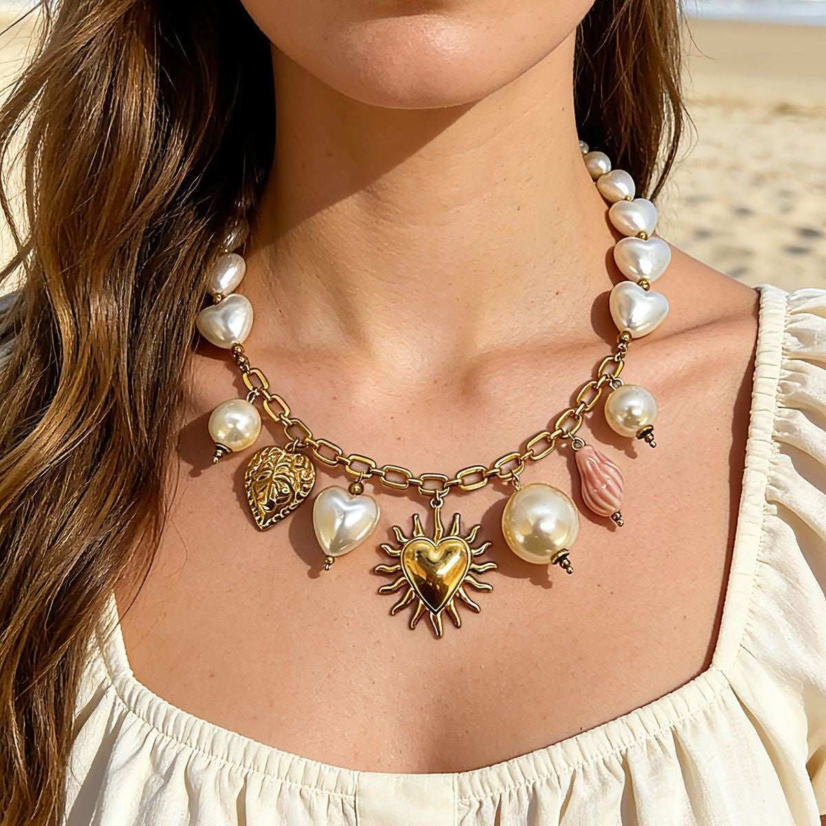 18k Romantic Sun Heart Pearl Necklace
