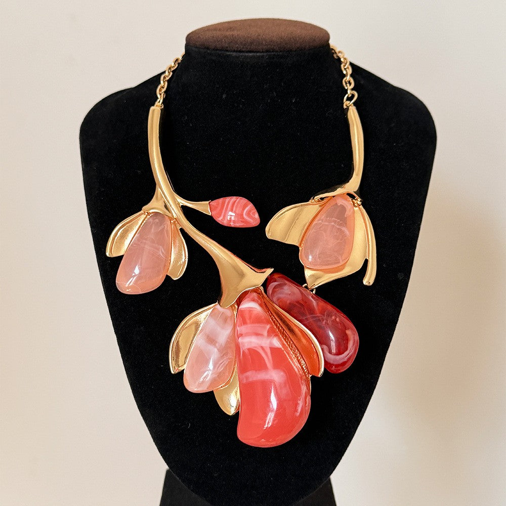 Romantic Pink Resin Floral Statement Necklace