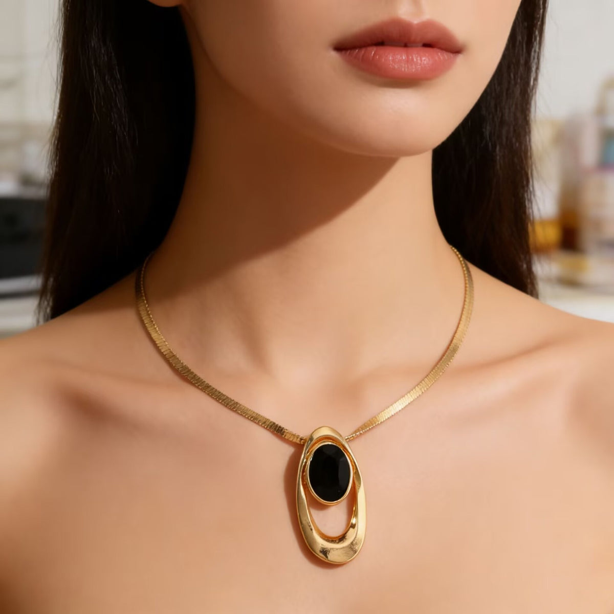 Classy Geometric Black Oval Necklace and Earring Set