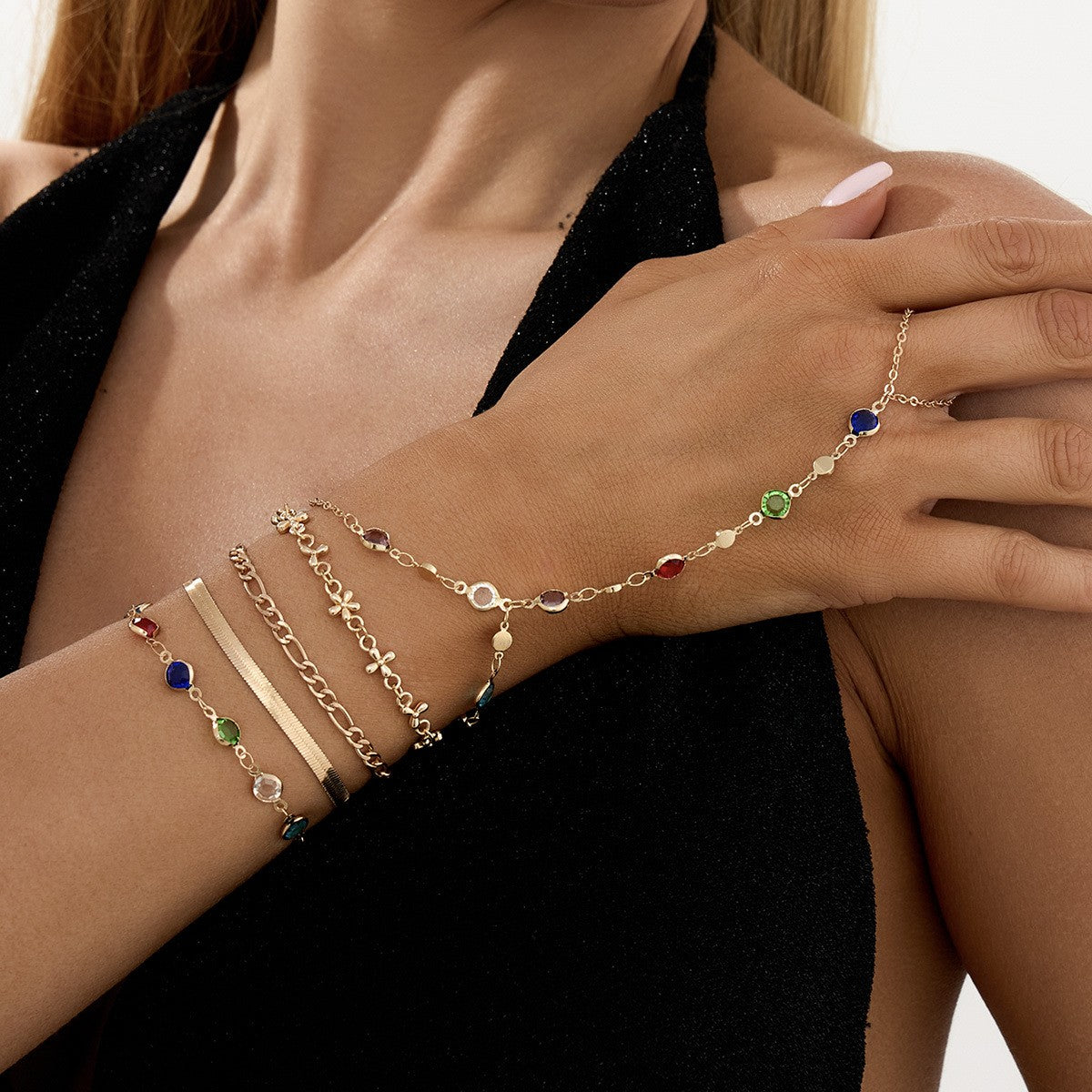 Dainty Multicolor Gemstone Hand Chain & Bracelet Set