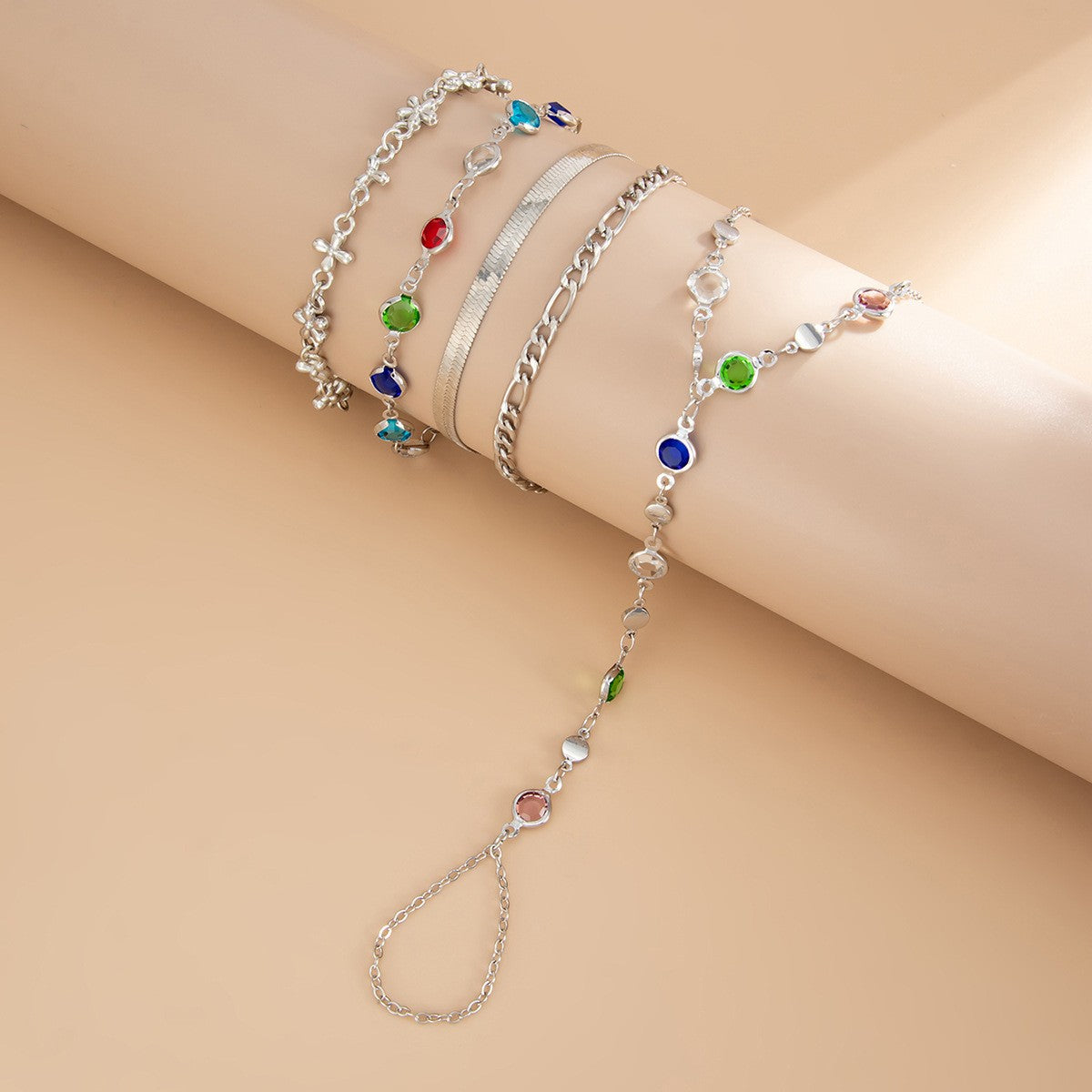 Dainty Multicolor Gemstone Hand Chain & Bracelet Set