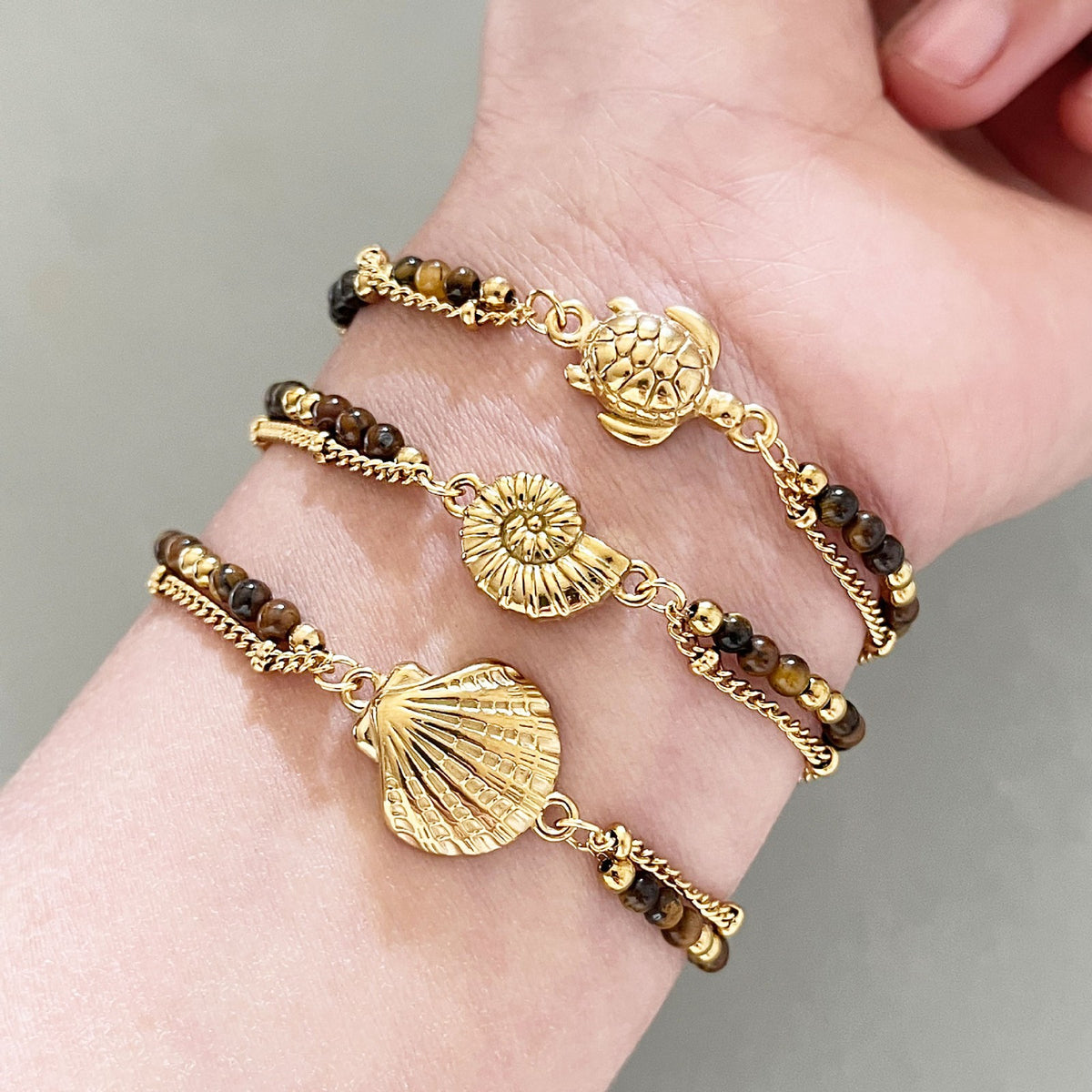 Boho Tiger Eye Sea Turtle & Shell Bracelet Set
