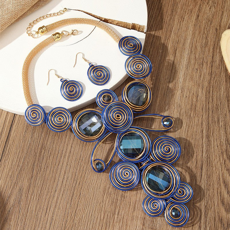 Boho Blue Wire Spiral Necklace and Earring Set