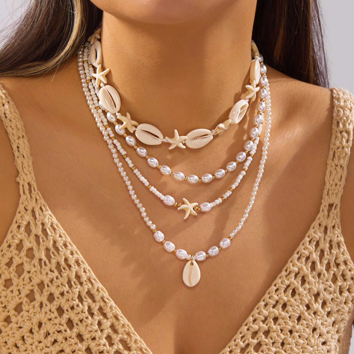 Boho Layered Faux Pearl & Shell Necklace Set