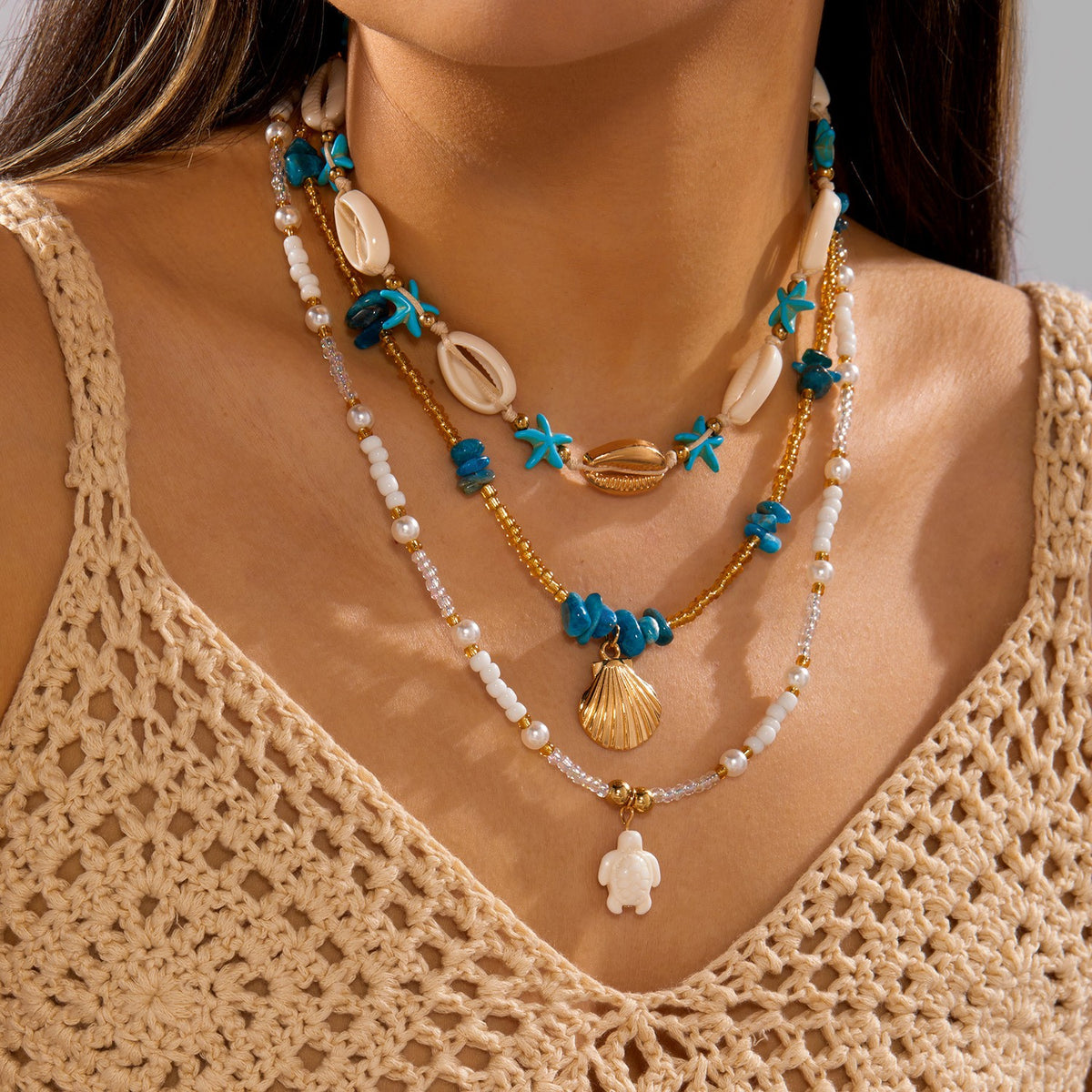 Boho Layered Faux Pearl & Shell Necklace Set