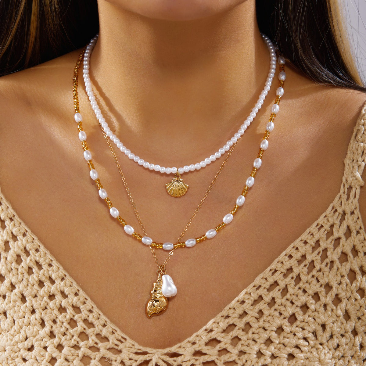 Boho Layered Faux Pearl & Shell Necklace Set