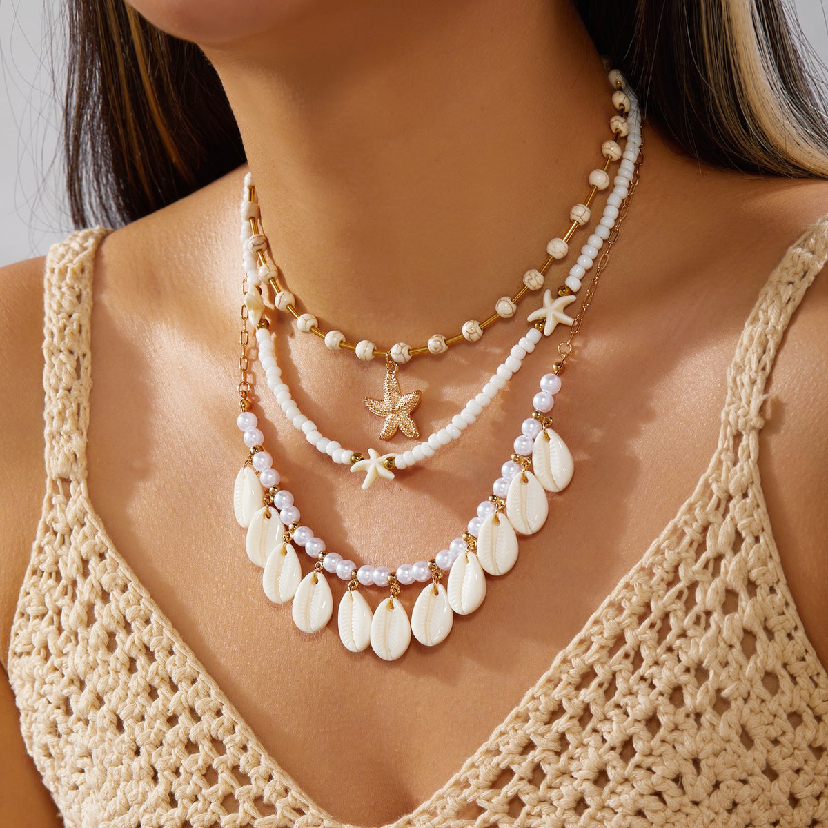 Boho Layered Faux Pearl & Shell Necklace Set