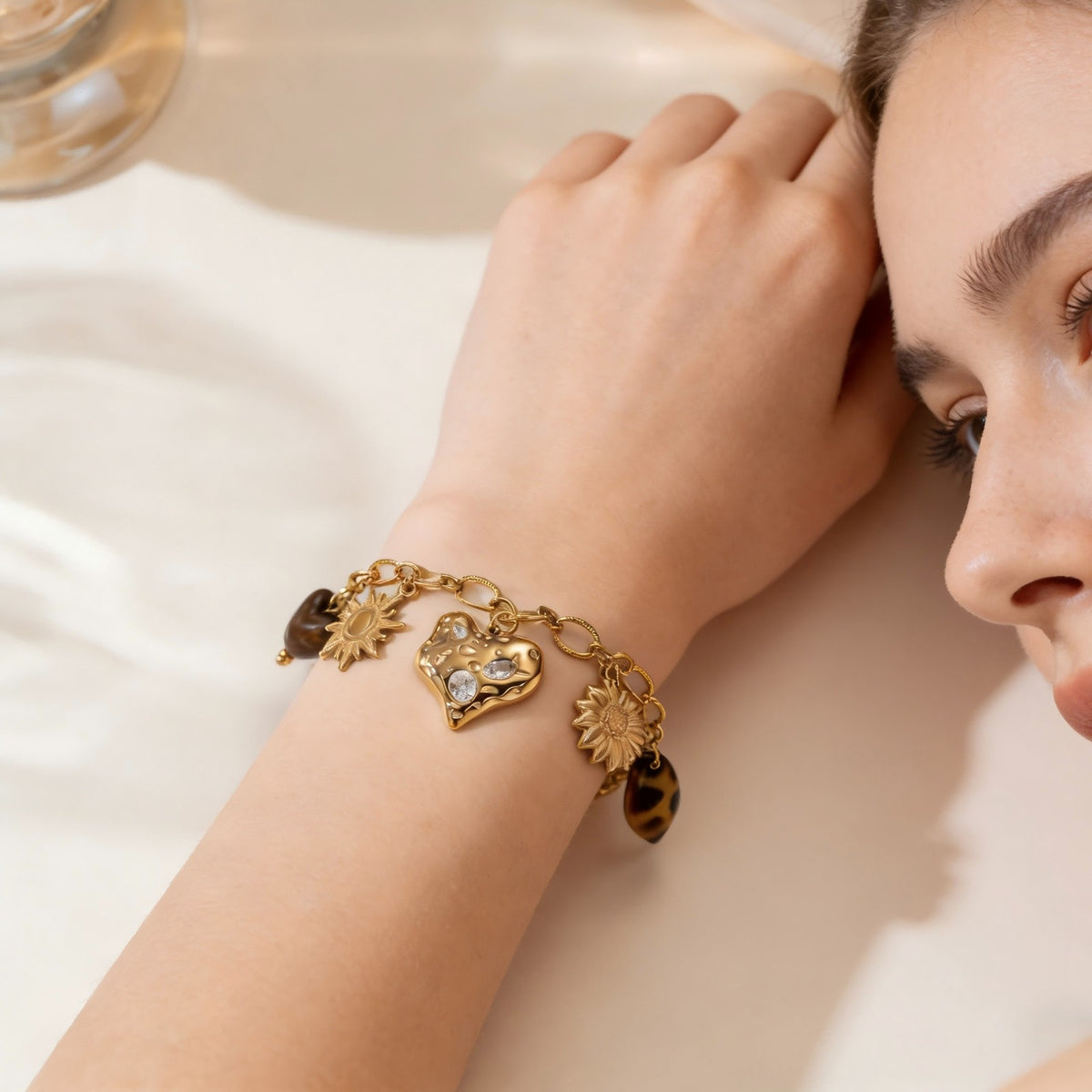 18k Boho Sunflower Heart Charm Bracelet