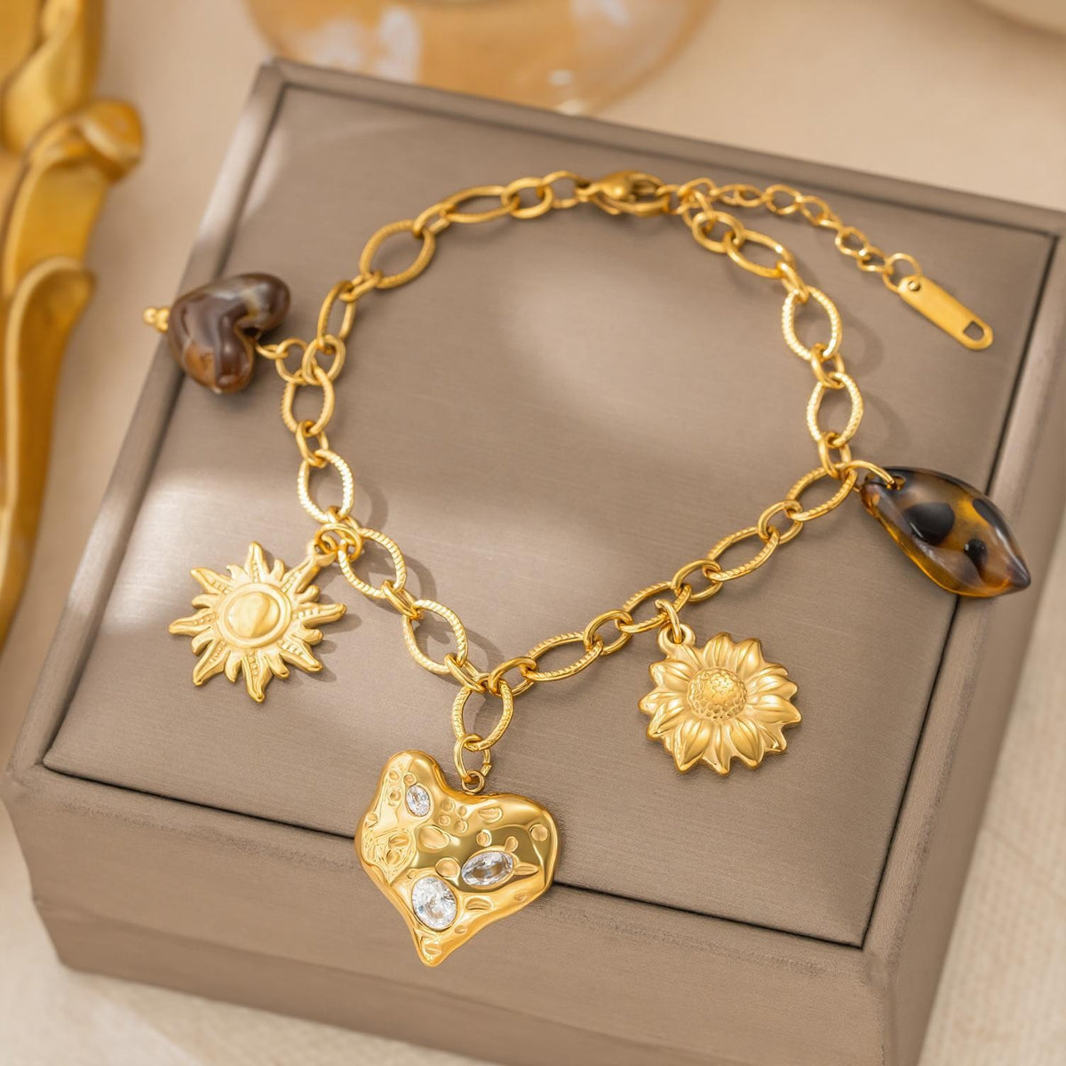 18k Boho Sunflower Heart Charm Bracelet