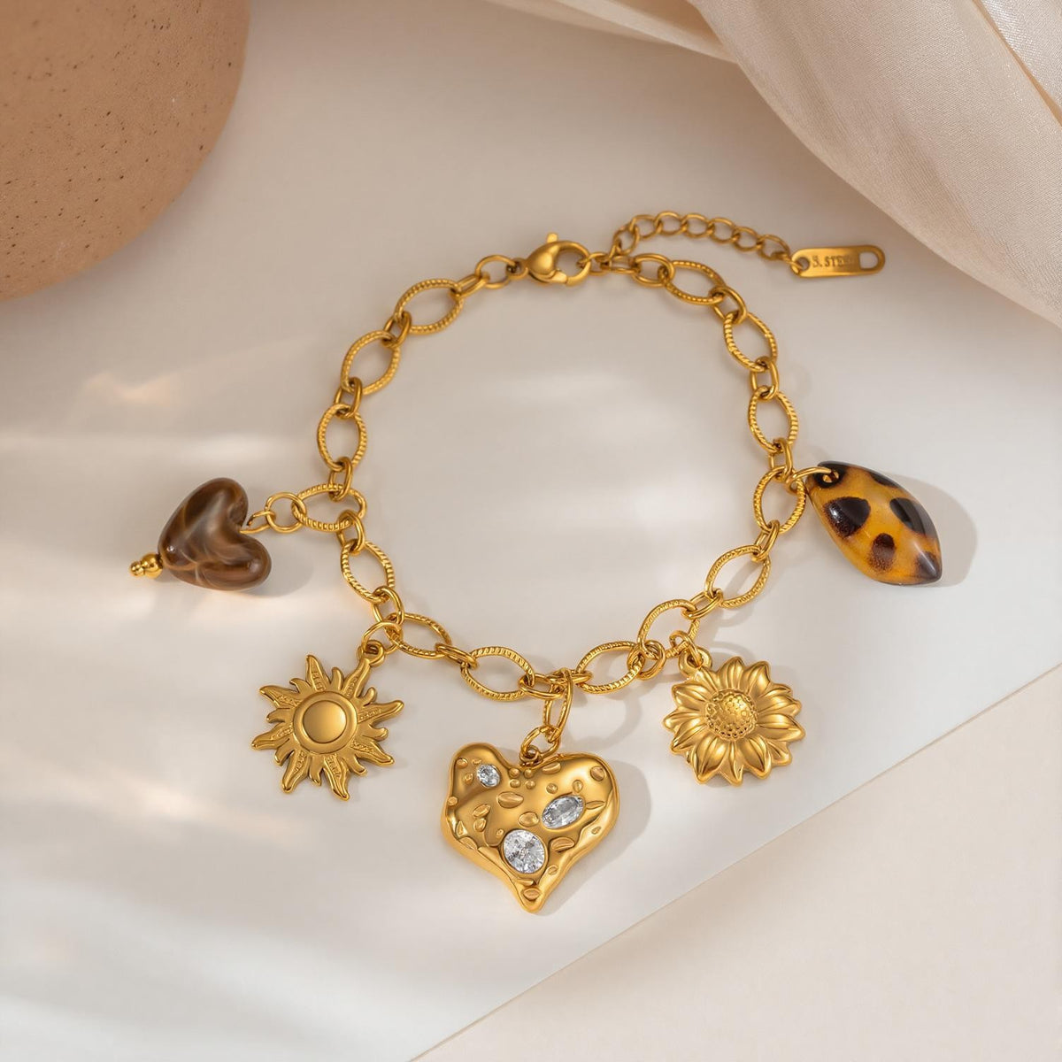 18k Boho Sunflower Heart Charm Bracelet