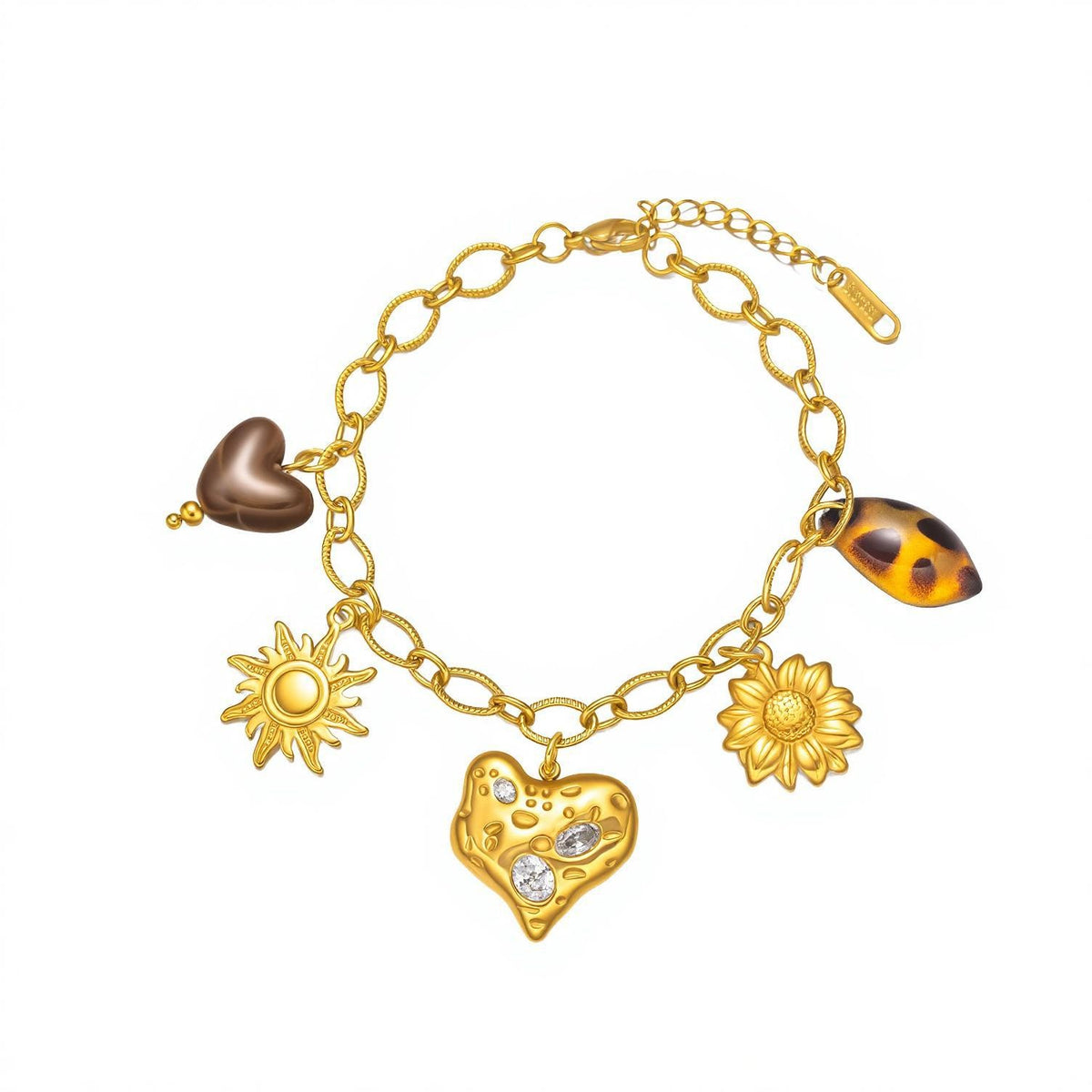 18k Boho Sunflower Heart Charm Bracelet