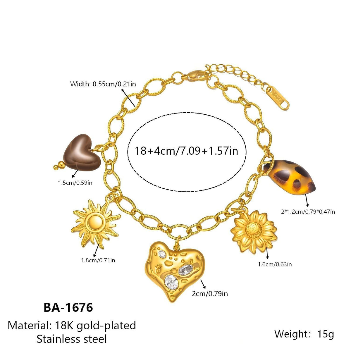 18k Boho Sunflower Heart Charm Bracelet