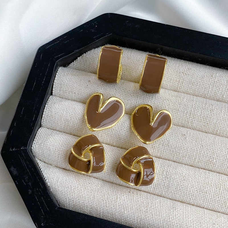 Classy Brown Enamel Geometric Earring Set