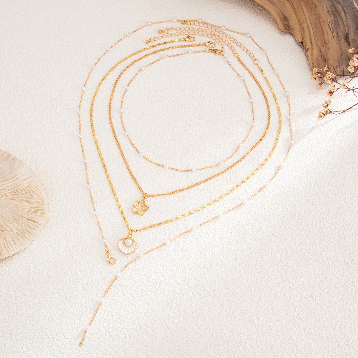 Boho Layered Faux Pearl Enamel Flower Necklace